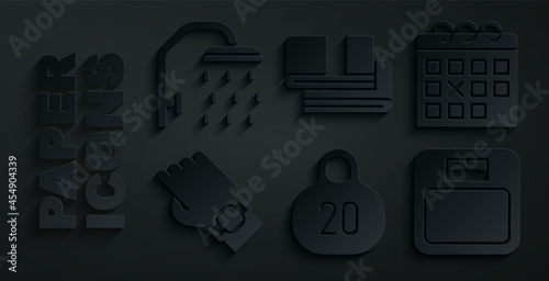 Set Kettlebell, Calendar fitness, Smart watch on hand, Bathroom scales, Towel stack and Shower head icon. Vector