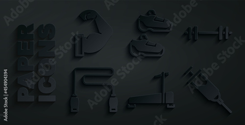Set Treadmill machine, Barbell, Jump rope, Doping syringe, Sport sneakers and Bodybuilder muscle icon. Vector