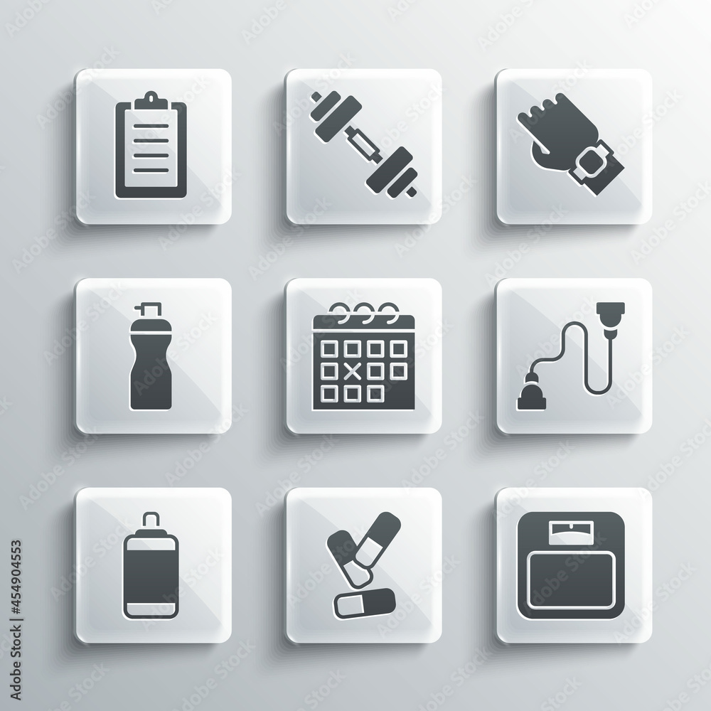 Set Vitamin pill, Bathroom scales, Chest expander, Calendar fitness, Punching bag, Fitness shaker, Sport training program and Smart watch on hand icon. Vector Set Vitamin pill, Bathroom scales, Chest expander, Calendar fitness, Punching bag, Fitness shaker, Sport training program and Smart watch on hand icon. Vector