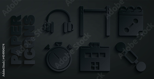 Set Gym building, Calendar fitness, Stopwatch, Dumbbell, Horizontal bar and Headphones icon. Vector