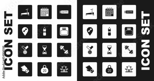 Set Location gym, Bottle of water, Treadmill machine, Bathroom scales, Calendar fitness, Dumbbell and Medal icon. Vector