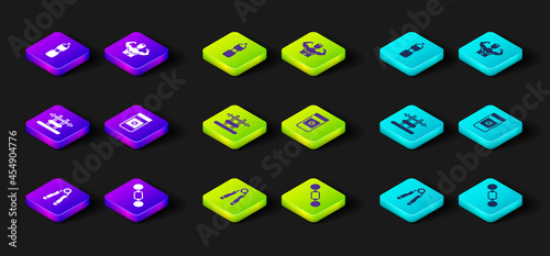 Set Sport expander, Dumbbell, Bench with barbel, Anabolic drugs, Bodybuilder muscle and Bottle of water icon. Vector