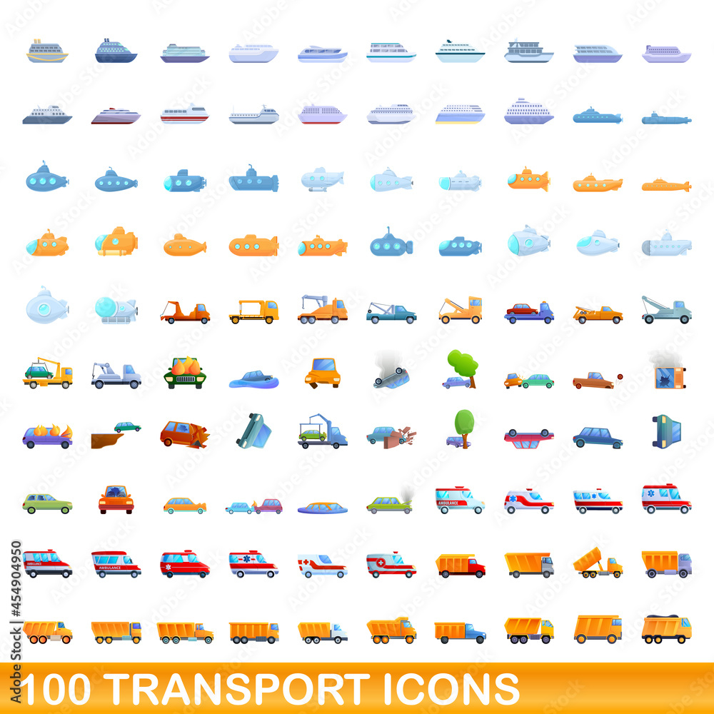Naklejka premium 100 transport icons set. Cartoon illustration of 100 transport icons vector set isolated on white background