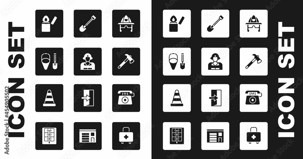 Set Firefighter helmet, shovel and bucket, Lighter, axe, Telephone call 911 and Traffic cone icon. Vector Set Firefighter helmet, shovel and bucket, Lighter, axe, Telephone call 911 and Traffic cone icon. Vector