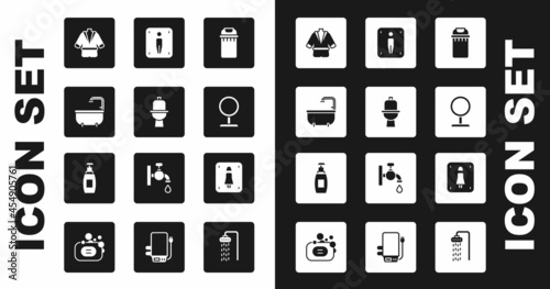 Set Trash can, Toilet bowl, Bathtub, Bathrobe, Round makeup mirror, Male toilet, Female and Bottle of liquid soap icon. Vector