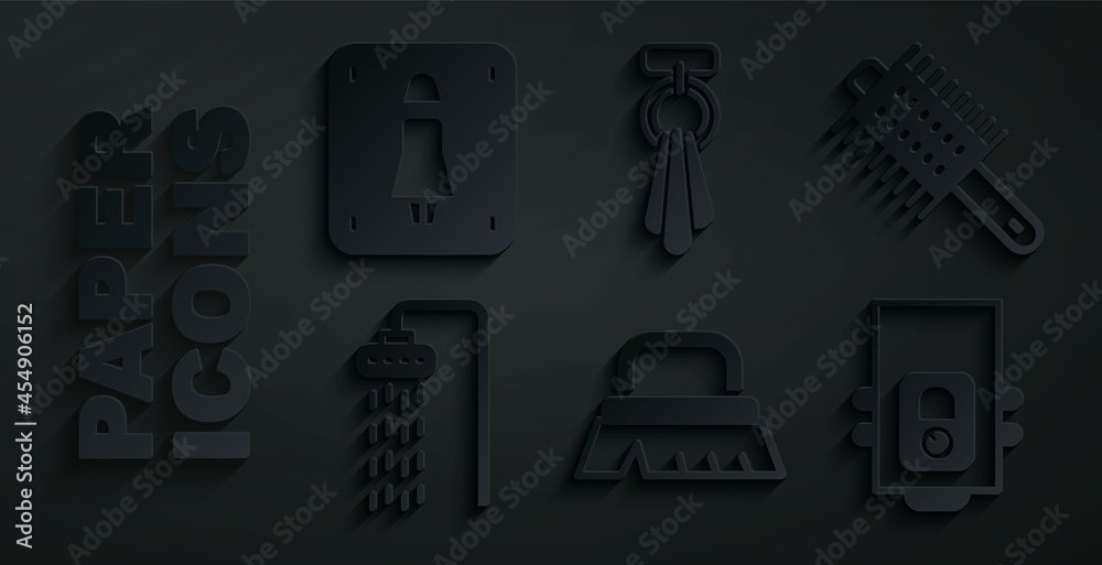 Set Brush for cleaning, Hairbrush, Shower, Gas boiler, Towel on hanger and Female toilet icon. Vector