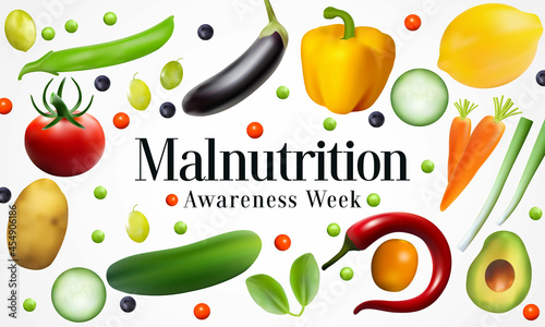 Malnutrition awareness week is observed every year in October, to help raise awareness by Educating healthcare professionals about early detection and treatment of malnutrition. Vector illustration