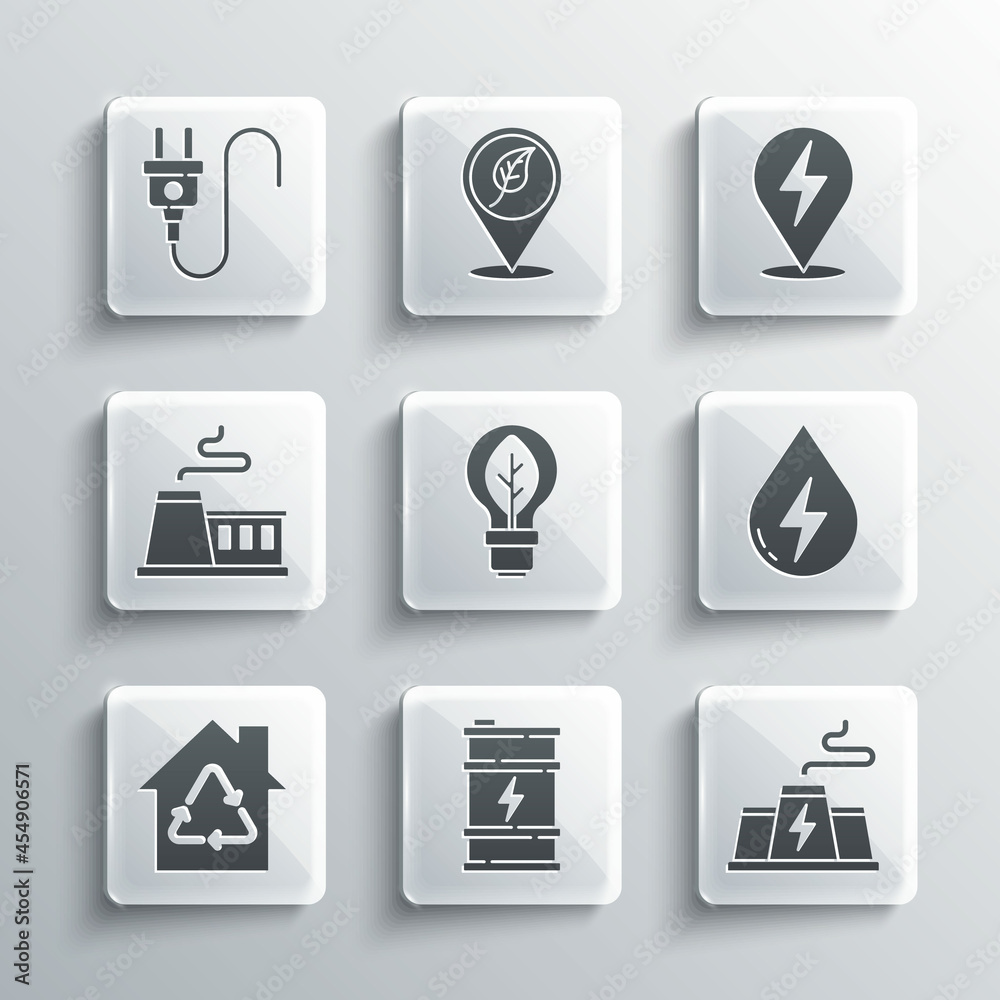 Set Bio fuel barrel, Power station plant factory, Water energy, Light bulb with leaf, Eco House recycling, Factory, Electric plug and Lightning bolt icon. Vector Set Bio fuel barrel, Power station plant factory, Water energy, Light bulb with leaf, Eco House recycling, Factory, Electric plug and Lightning bolt icon. Vector