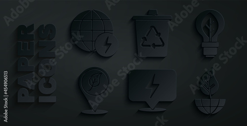 Set Lightning bolt, bulb with leaf, Location, Earth globe and, Recycle bin recycle and Global energy power planet icon. Vector