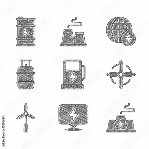 Set Electric car charging station, Lightning bolt, Power plant factory, Wind turbine, Propane gas tank, Global energy power planet and Bio fuel barrel icon. Vector photo