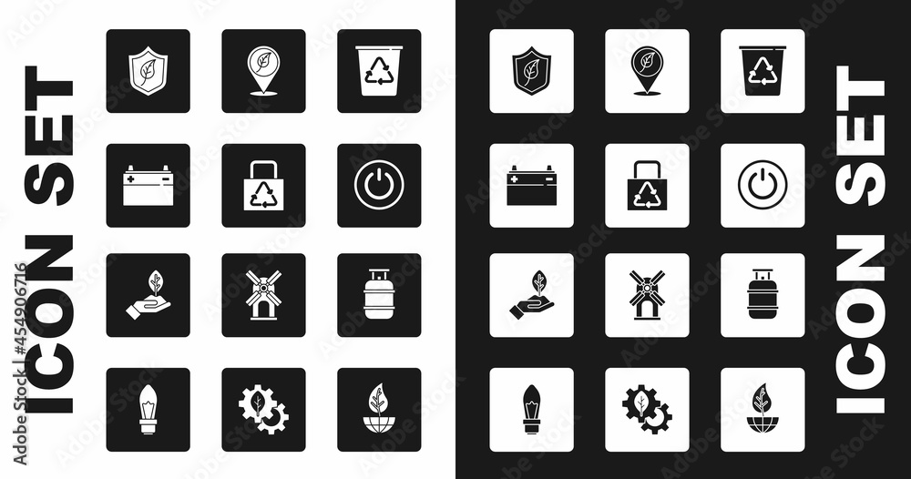 Set Recycle bin with recycle, Paper bag, Car battery, Shield leaf, Power button, Location, Propane gas tank and Plant hand icon. Vector Set Recycle bin with recycle, Paper bag, Car battery, Shield leaf, Power button, Location, Propane gas tank and Plant hand icon. Vector