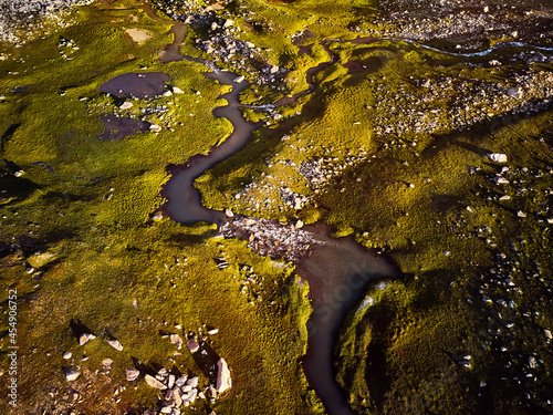 Aerial view of curve turn river mountain valley in Kazakhstan