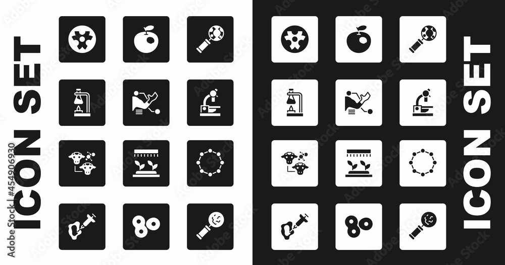Set DNA research, search, Prosthesis hand, Test tube flask on fire, Biohazard symbol, Microscope, Genetically modified apple, Chemical formula and Cloning icon. Vector Set DNA research, search, Prosthesis hand, Test tube flask on fire, Biohazard symbol, Microscope, Genetically modified apple, Chemical formula and Cloning icon. Vector