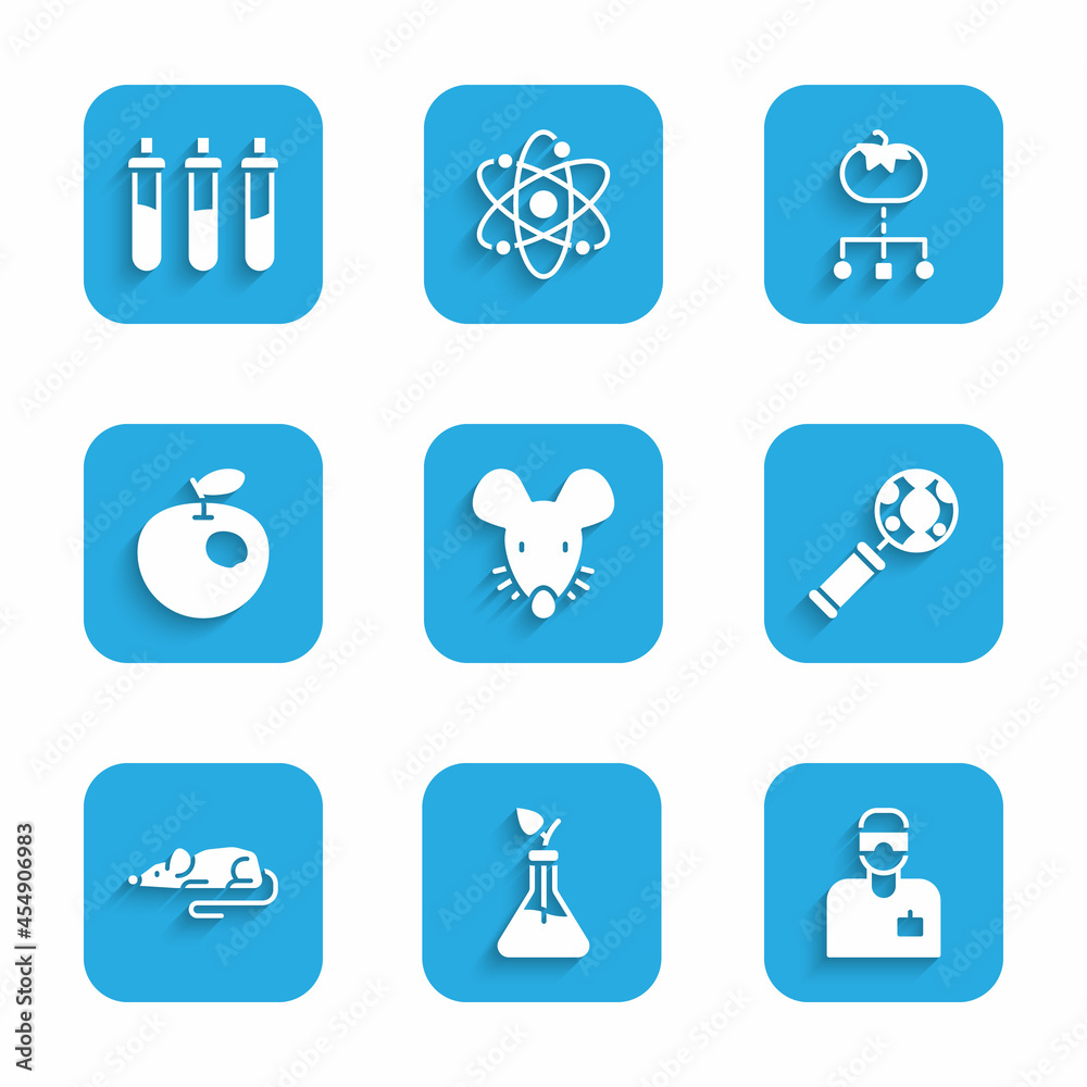 Set Experimental mouse, Plant breeding, Laboratory assistant, DNA research, search, Genetically modified apple, food and Reagent bottle icon. Vector Set Experimental mouse, Plant breeding, Laboratory assistant, DNA research, search, Genetically modified apple, food and Reagent bottle icon. Vector