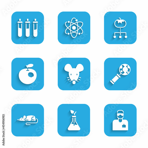 Set Experimental mouse, Plant breeding, Laboratory assistant, DNA research, search, Genetically modified apple, food and Reagent bottle icon. Vector