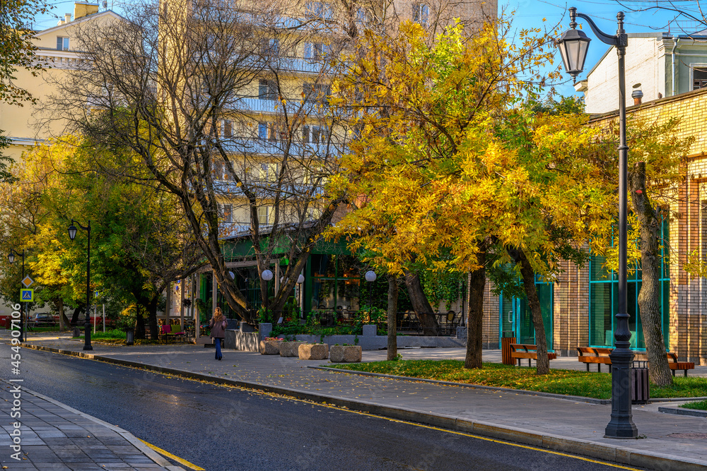 Street in center of Moscow in Russia. Cozy cityscape in Moscow. Architecture and landmarks of Moscow.