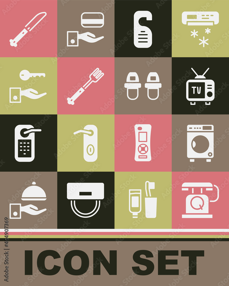 Set Telephone handset, Washer, Retro tv, Please do not disturb, Fork, Hotel door lock key, Knife and slippers icon. Vector Set Telephone handset, Washer, Retro tv, Please do not disturb, Fork, Hotel door lock key, Knife and slippers icon. Vector