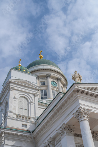 Low angle view of Helsinki Cathedral (Finnish - Helsingin tuomiokirkko, Suurkirkko). The Finnish Evangelical Lutheran cathedral of the Diocese of Helsinki on a sunny summer day. 