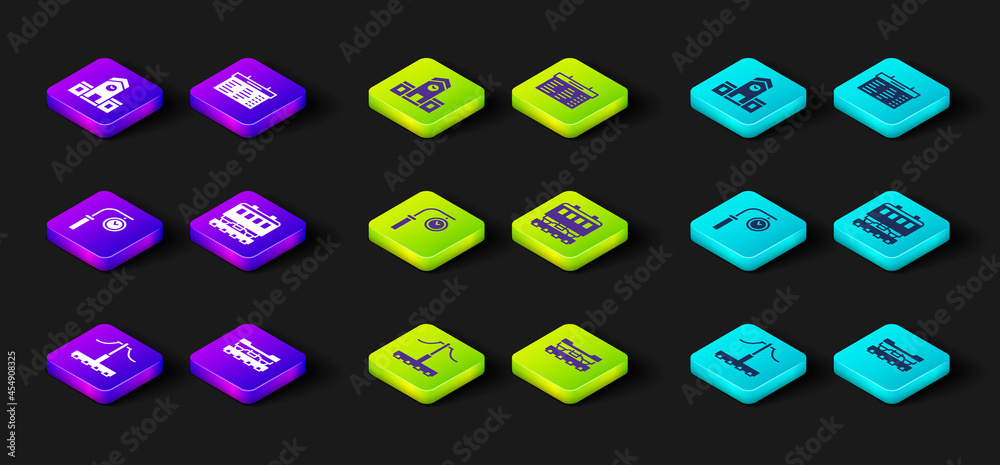 Set Railway, Cargo train wagon, Train station clock, Passenger cars, board and icon. Vector Set Railway, Cargo train wagon, Train station clock, Passenger cars, board and icon. Vector