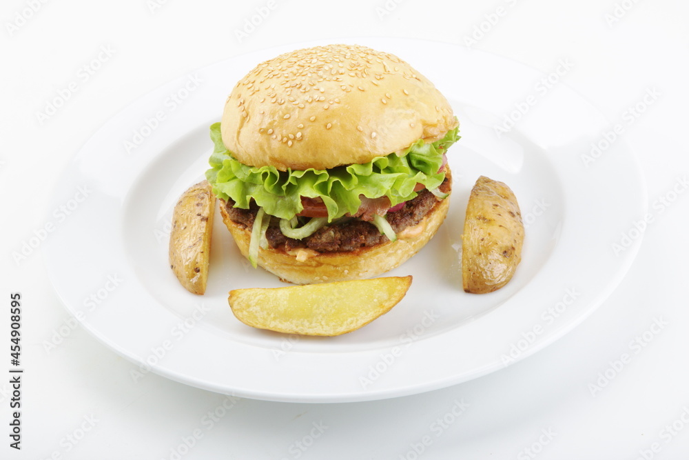 Fresh tasty burger isolated on white background Fresh tasty burger isolated on white background
