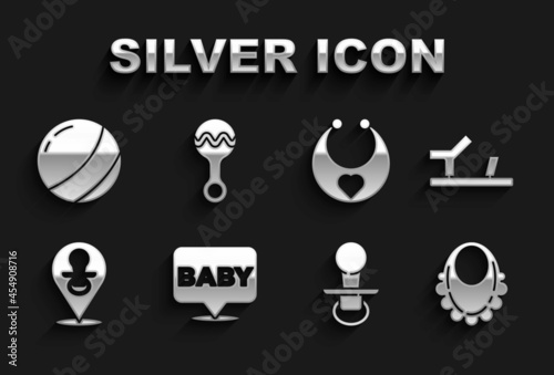 Set Baby, shoes, bib, dummy pacifier, Beach ball and Rattle baby toy icon. Vector