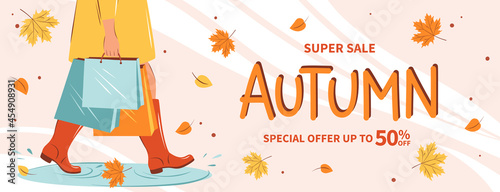 Banner autumn sale.  Woman with purchases in autumn. Bright poster, flyer with invitation for shopping. Vector Illustration