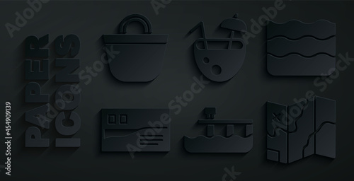 Set Beach pier dock, Wave, Postcard travel, Folded map, Coconut cocktail and bag icon. Vector