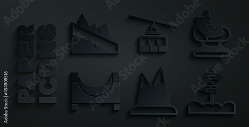 Set Mountains, Skates, park, Road traffic signpost, Cable car and descent icon. Vector