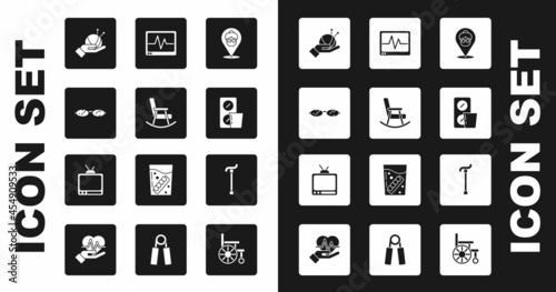 Set Nursing home, Rocking chair, Eyeglasses, Yarn ball with knitting needles, Pills blister pack, Monitor cardiogram, Walking stick cane and Retro tv icon. Vector