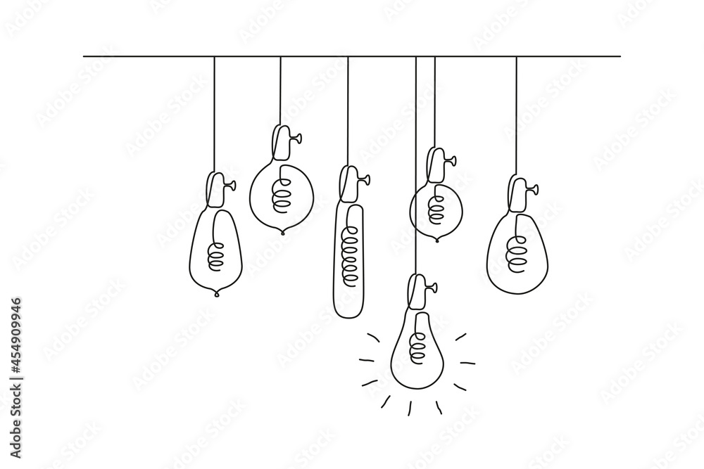 One continuous line drawing of hanging loft light bulbs with one glowing. Concept of creative idea in simple doodle style. Editable stroke. Vector illustration One continuous line drawing of hanging loft light bulbs with one glowing. Concept of creative idea in simple doodle style. Editable stroke. Vector illustration