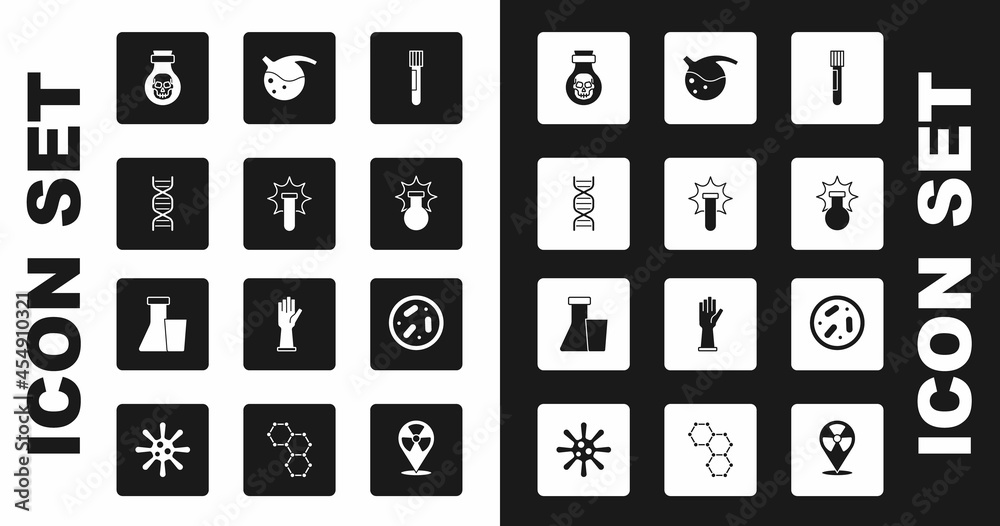 Set Test tube and flask, Chemical explosion, DNA symbol, Poison in bottle, Petri dish with bacteria and icon. Vector Set Test tube and flask, Chemical explosion, DNA symbol, Poison in bottle, Petri dish with bacteria and icon. Vector