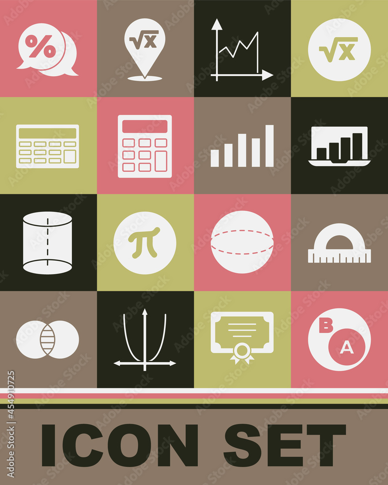 Set Subsets, math, a is subset of b, Protractor, Laptop with graph chart, Graph, schedule, chart, diagram, Calculator, Discount percent tag and icon. Vector Set Subsets, math, a is subset of b, Protractor, Laptop with graph chart, Graph, schedule, chart, diagram, Calculator, Discount percent tag and icon. Vector