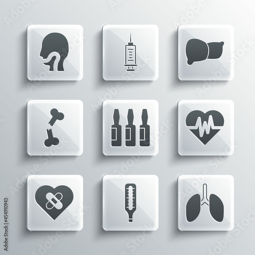 Set Medical thermometer, Lungs, Heart rate, vial, ampoule, Healed broken heart, Human bone, Sore throat and organ liver icon. Vector