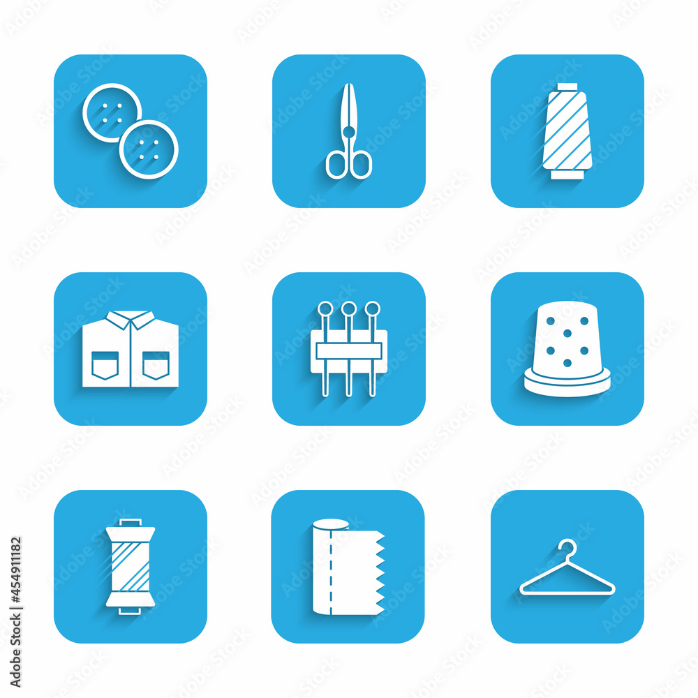 Set Needle for sewing, Textile fabric roll, Hanger wardrobe, Thimble, Sewing thread on spool, Shirt, and button icon. Vector Set Needle for sewing, Textile fabric roll, Hanger wardrobe, Thimble, Sewing thread on spool, Shirt, and button icon. Vector
