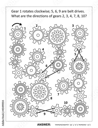 Visual puzzle with rotating gears and belt drives. Answer included.

