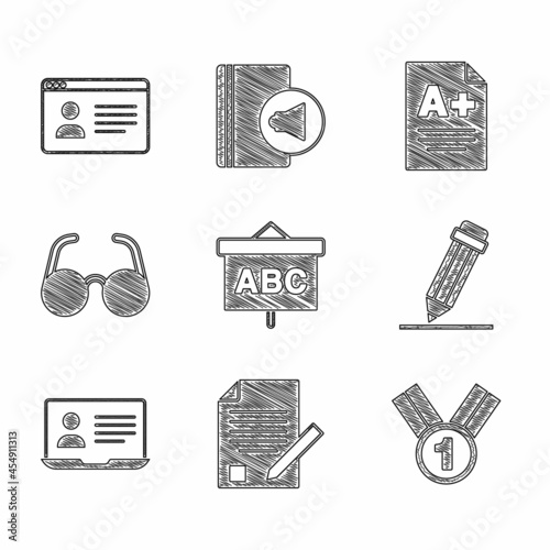 Set Chalkboard, Exam sheet and pencil, Medal, Pencil with eraser, Online class, Glasses, A plus grade and icon. Vector