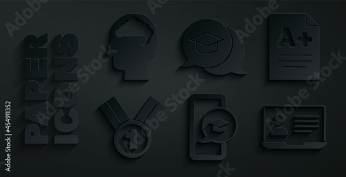 Set Graduation cap on mobile, Exam sheet with A plus grade, Medal, Online class, speech bubble and Human brain icon. Vector
