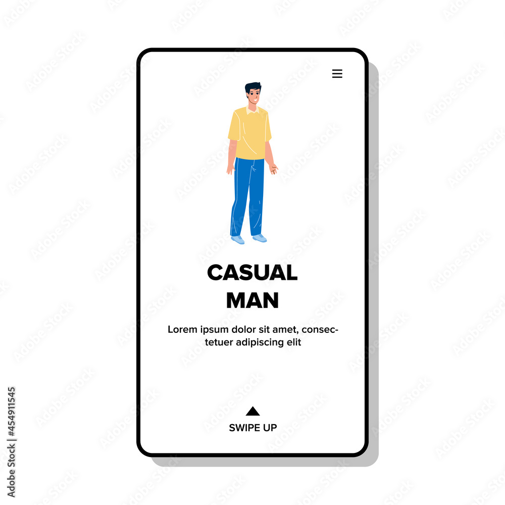 Fototapeta premium Casual Man With Positive Emotion Standing Vector. Smiling Young Casual Man In Stylish Clothing Standing Alone On Street. Character Guy Walking Outdoor Web Flat Cartoon Illustration