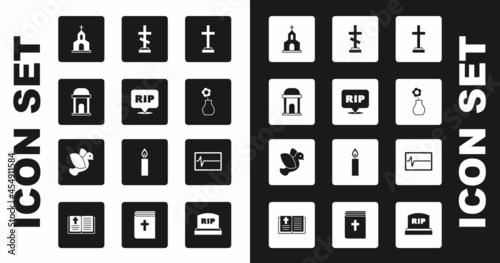 Set Grave with cross, Speech bubble rip death, Old crypt, Church building, Flower vase, Beat dead monitor and Dove icon. Vector