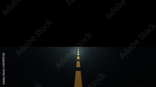 Black asphalt road and empty dark street scene background with studio room interior texture for display products wall background.