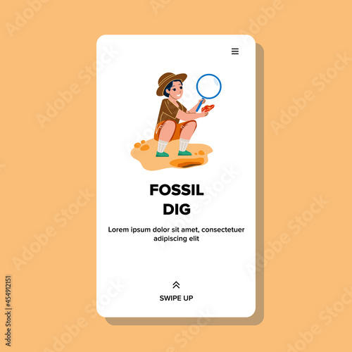 Archeology Fossil Dig Doing Schoolgirl Vector. Paleontology Fossil Dig Exploration And Researching School Girl With Magnifying Glass. Character Young Science Web Flat Cartoon Illustration