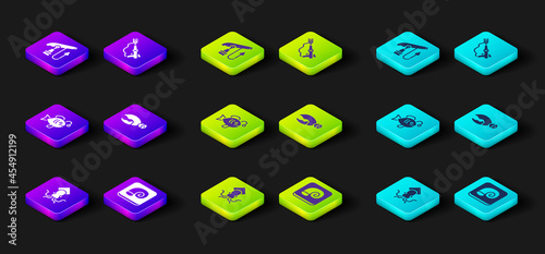 Set Octopus, on a plate, Tropical fish, Lobster or crab claw, Fishing harpoon and icon. Vector