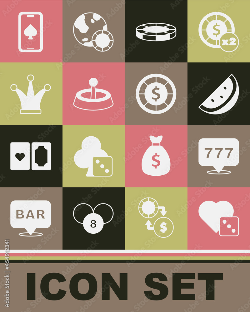 Set Game dice, Slot machine with jackpot, Casino slot watermelon, chips, roulette wheel, Joker playing card, Online poker table game and icon. Vector Set Game dice, Slot machine with jackpot, Casino slot watermelon, chips, roulette wheel, Joker playing card, Online poker table game and icon. Vector