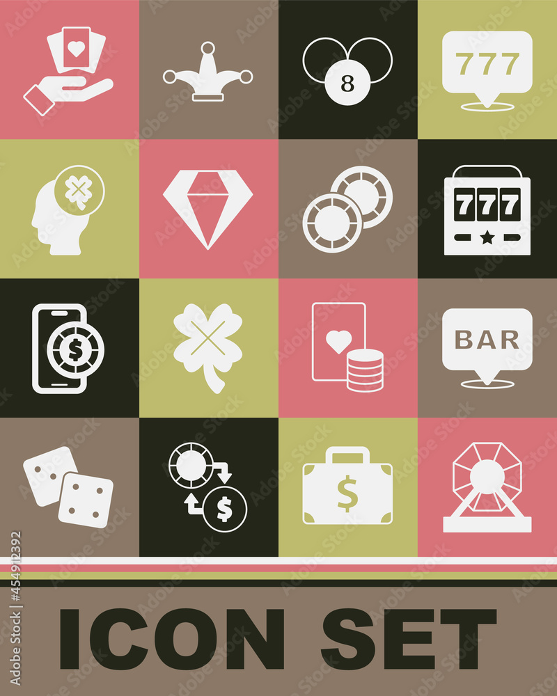 Set Lottery machine, Alcohol bar location, Slot with jackpot, ball bingo card, Diamond, Casino slot clover, Hand holding playing cards and chips icon. Vector Set Lottery machine, Alcohol bar location, Slot with jackpot, ball bingo card, Diamond, Casino slot clover, Hand holding playing cards and chips icon. Vector