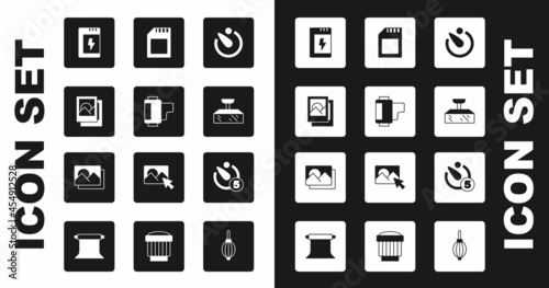 Set Camera timer, roll cartridge, Photo frame, Battery for camera, Softbox light, SD card, and icon. Vector