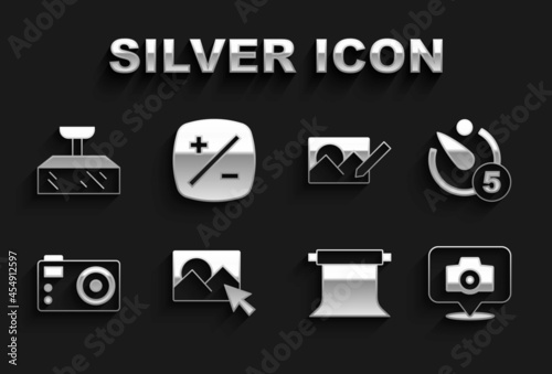 Set Photo retouching, Camera timer, camera, Empty photo studio, Softbox light and Exposure compensation icon. Vector