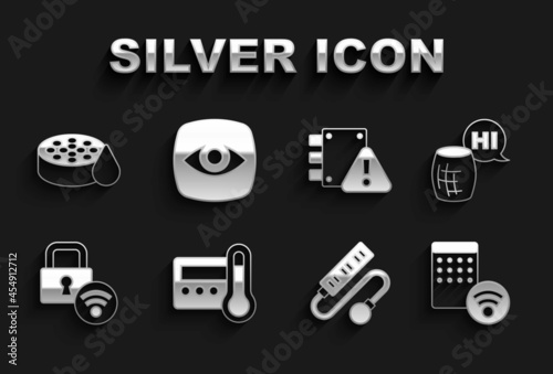 Set Thermostat, Voice assistant, Air humidifier, Electric extension cord, Digital door lock, House under protection, Water sensor and Security camera icon. Vector