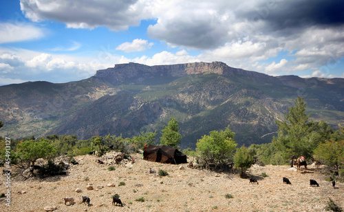 Beautiful mountain view and nomad tent. Ermenek Turkey. photo