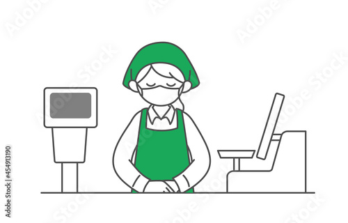 マスクをつけてお辞儀をするスーパーマーケットの女性店員とレジ