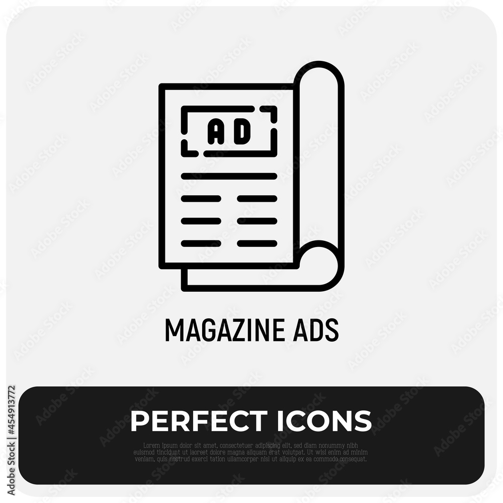 Magazine ad on front page thin line icon. Modern vector illustration. Magazine ad on front page thin line icon. Modern vector illustration.